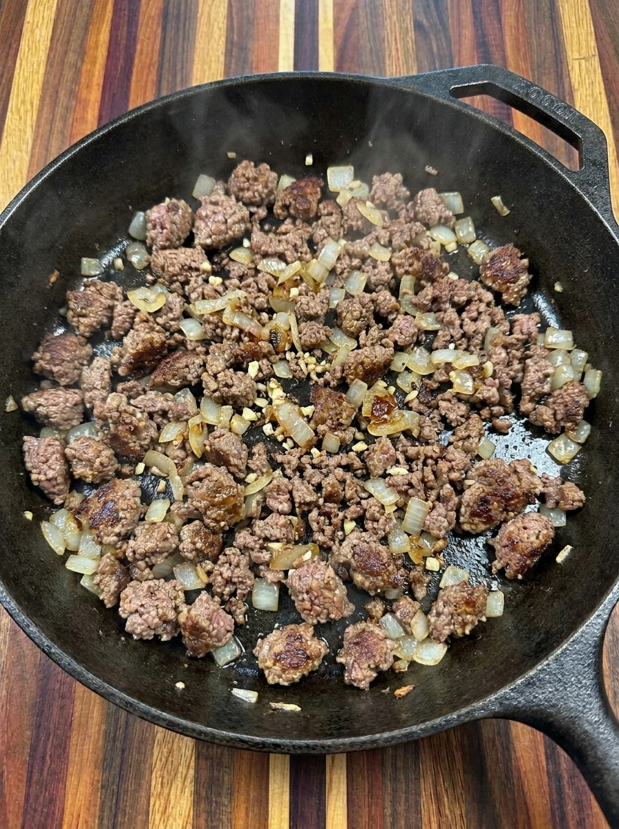 Ground beef browned with onion and garlic for Slow Cooker Baked Spaghetti