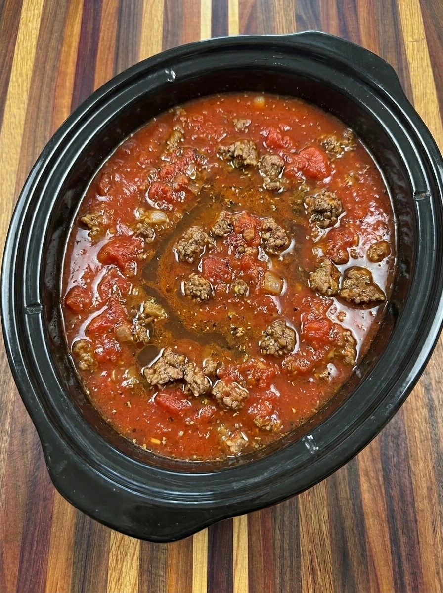 Beef and tomato sauce combined for Slow Cooker Baked Spaghetti