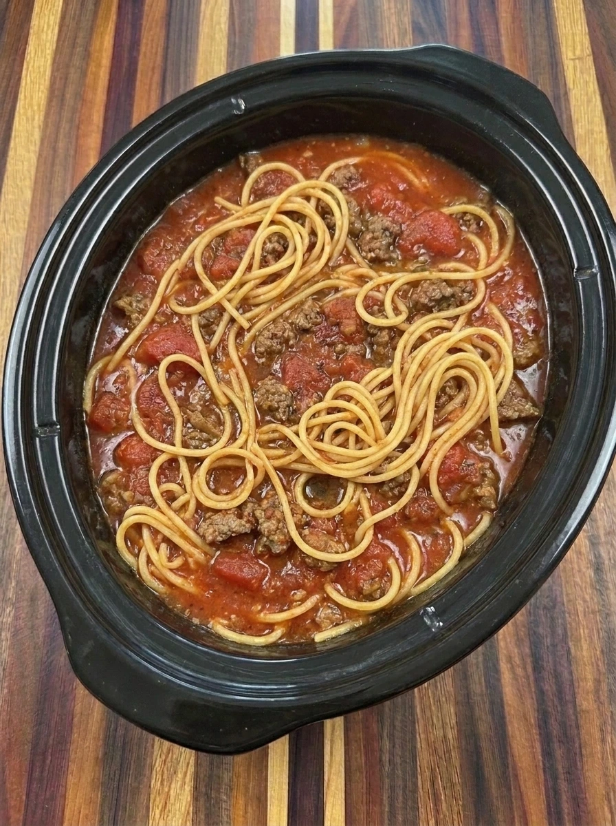 Tender spaghetti cooked in thick beef tomato sauce
