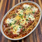 Slow Cooker Baked Spaghetti with beef sauce and melted mozzarella cheese