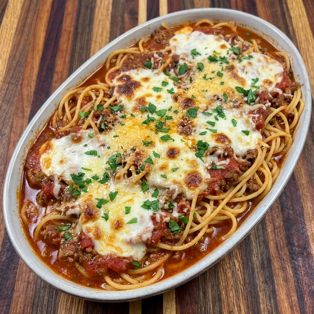 Slow Cooker Baked Spaghetti with beef sauce and melted mozzarella cheese
