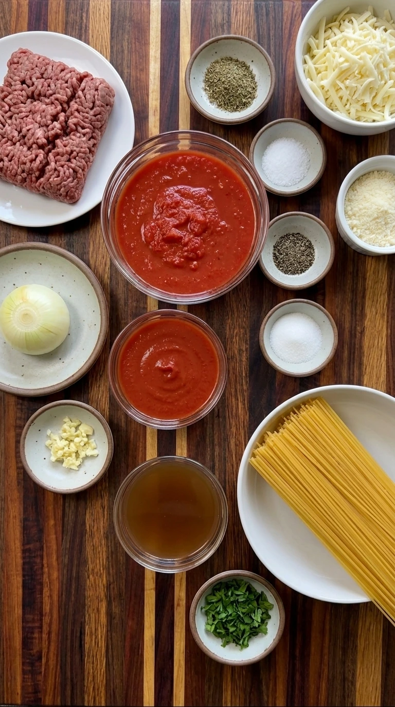 Ingredients for Slow Cooker Baked Spaghetti arranged in separate containers