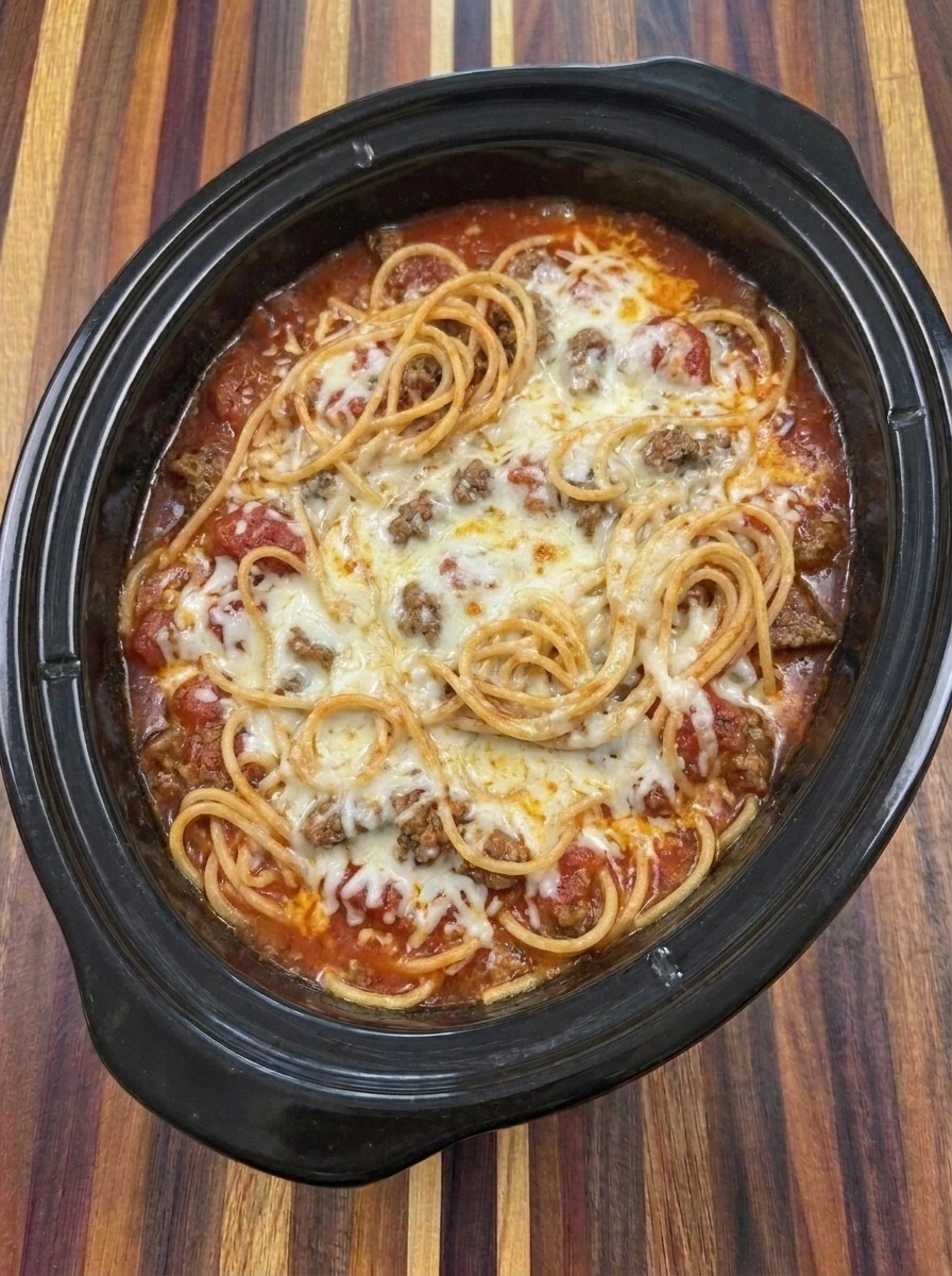 Mozzarella and Parmesan melted over Slow Cooker Baked Spaghetti