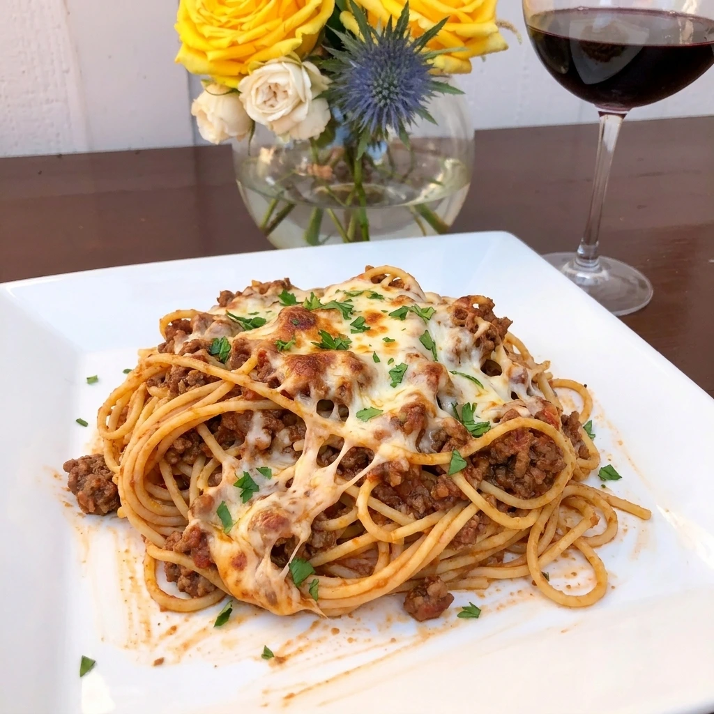 Single serving of Slow Cooker Baked Spaghetti with melted cheese