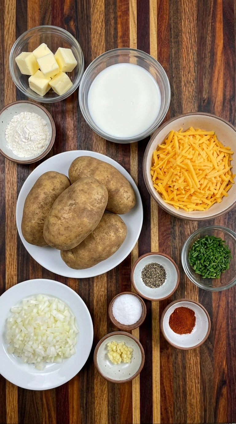Ingredients for Slow Cooker Cheesy Scalloped Potatoes in separate containers