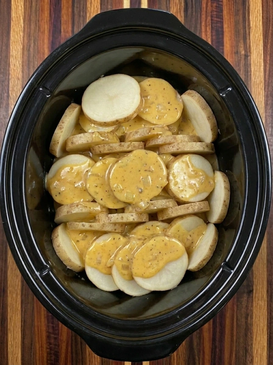 Potatoes layered with cheddar sauce in a slow cooker