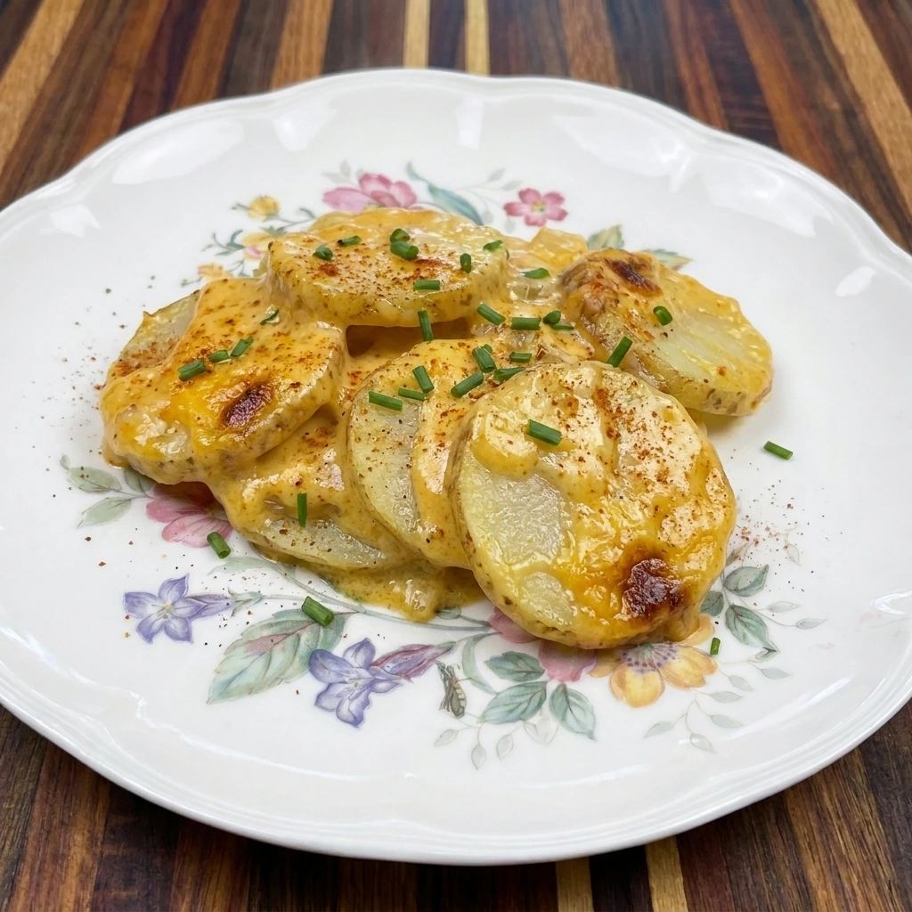 Served portion of Slow Cooker Cheesy Scalloped Potatoes