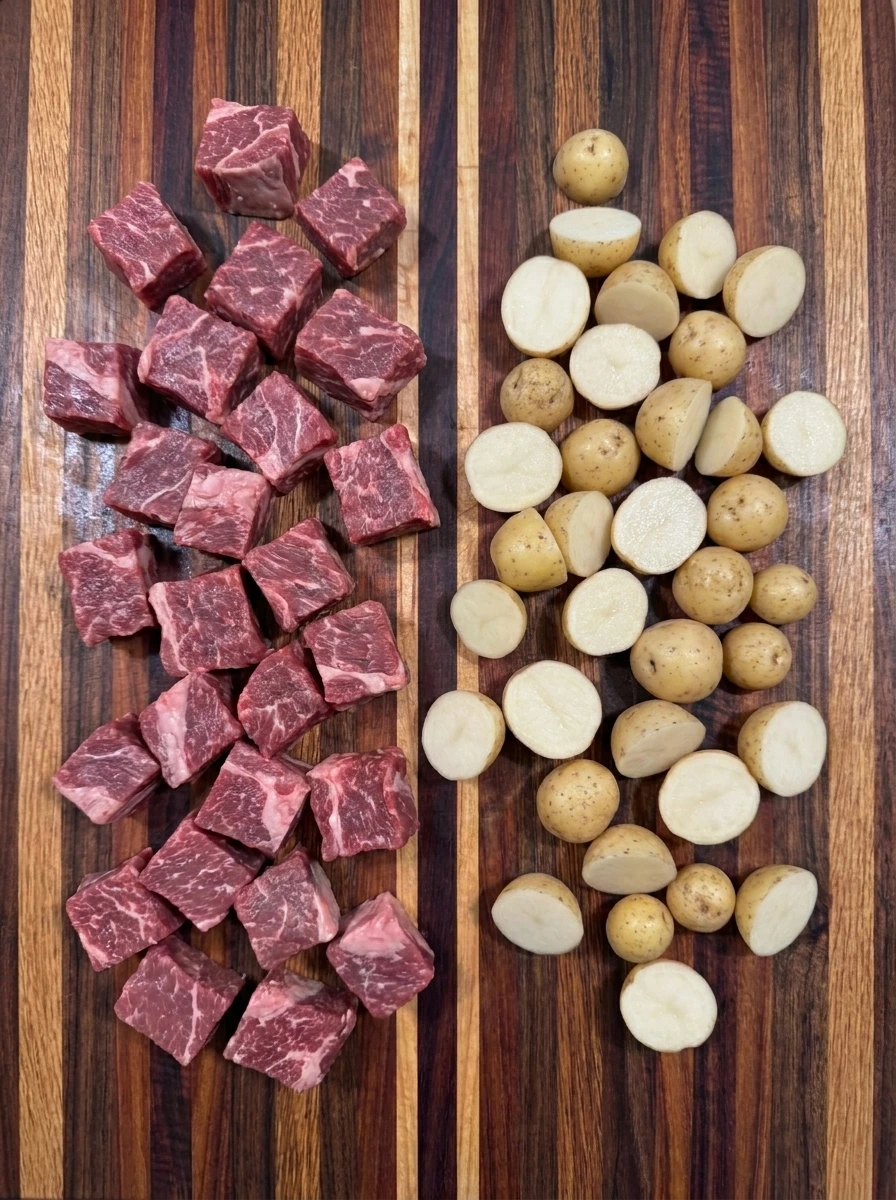 Cubed beef and halved baby potatoes ready for slow cooking