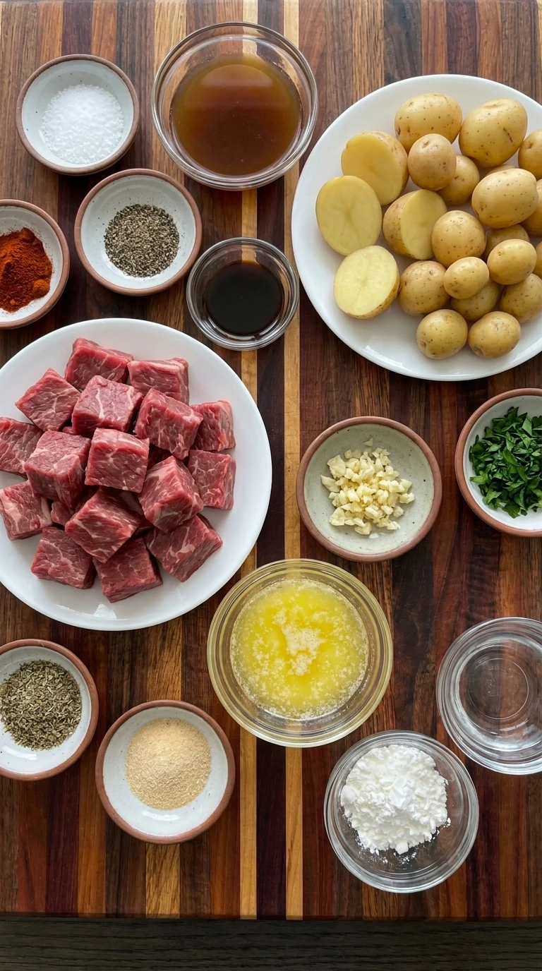Ingredients for Slow Cooker Garlic Butter Beef Bites and Potatoes