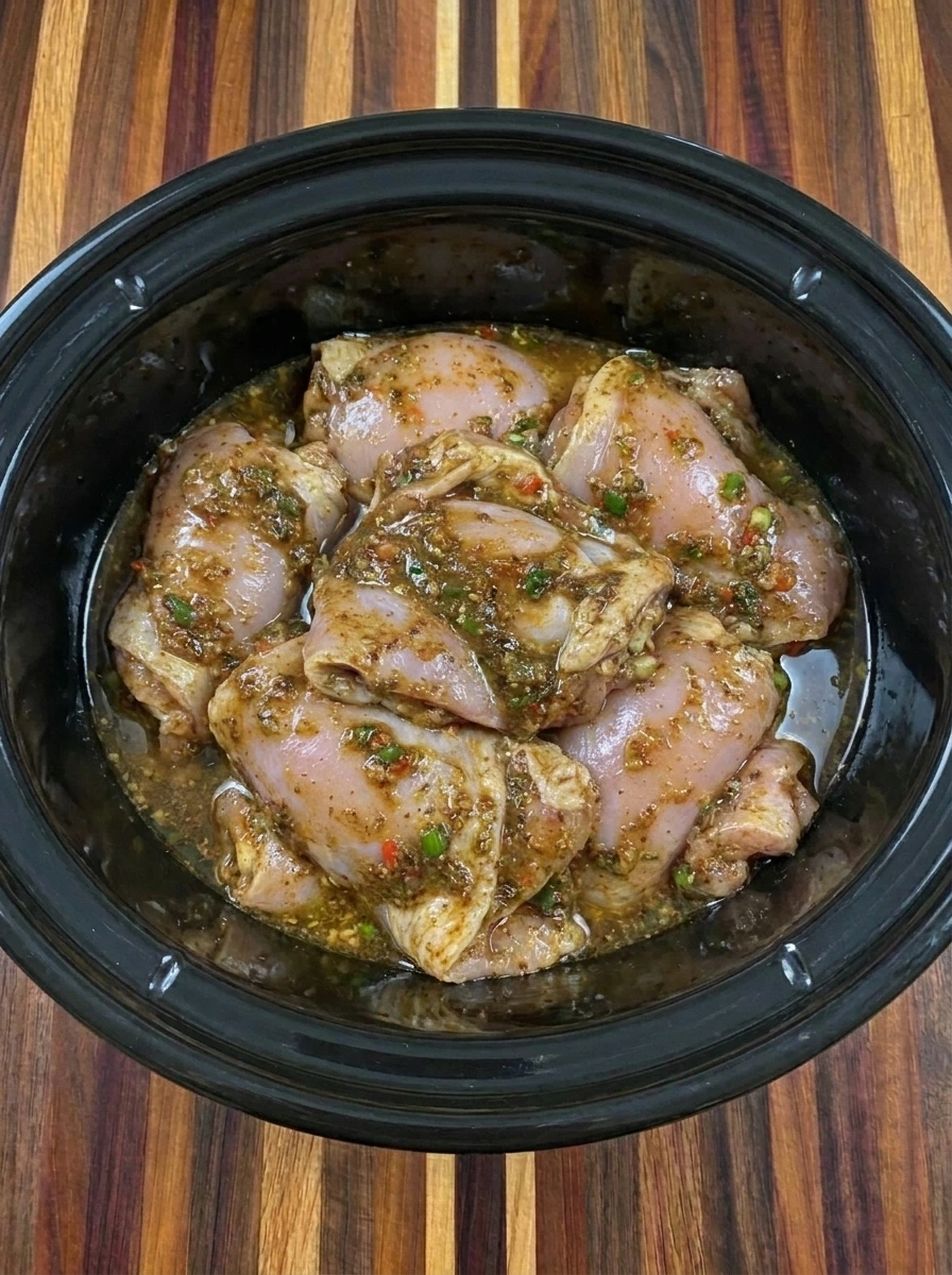 Eight marinated chicken thighs arranged with broth in a slow cooker