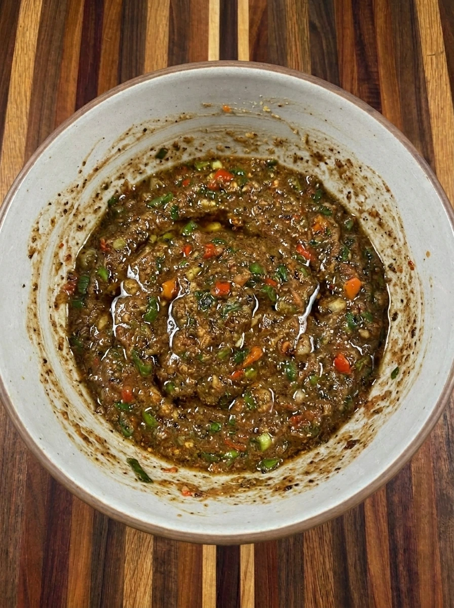 Thick jerk marinade blended with green onions and spices