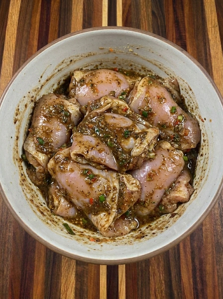 Eight chicken thighs coated with homemade jerk marinade