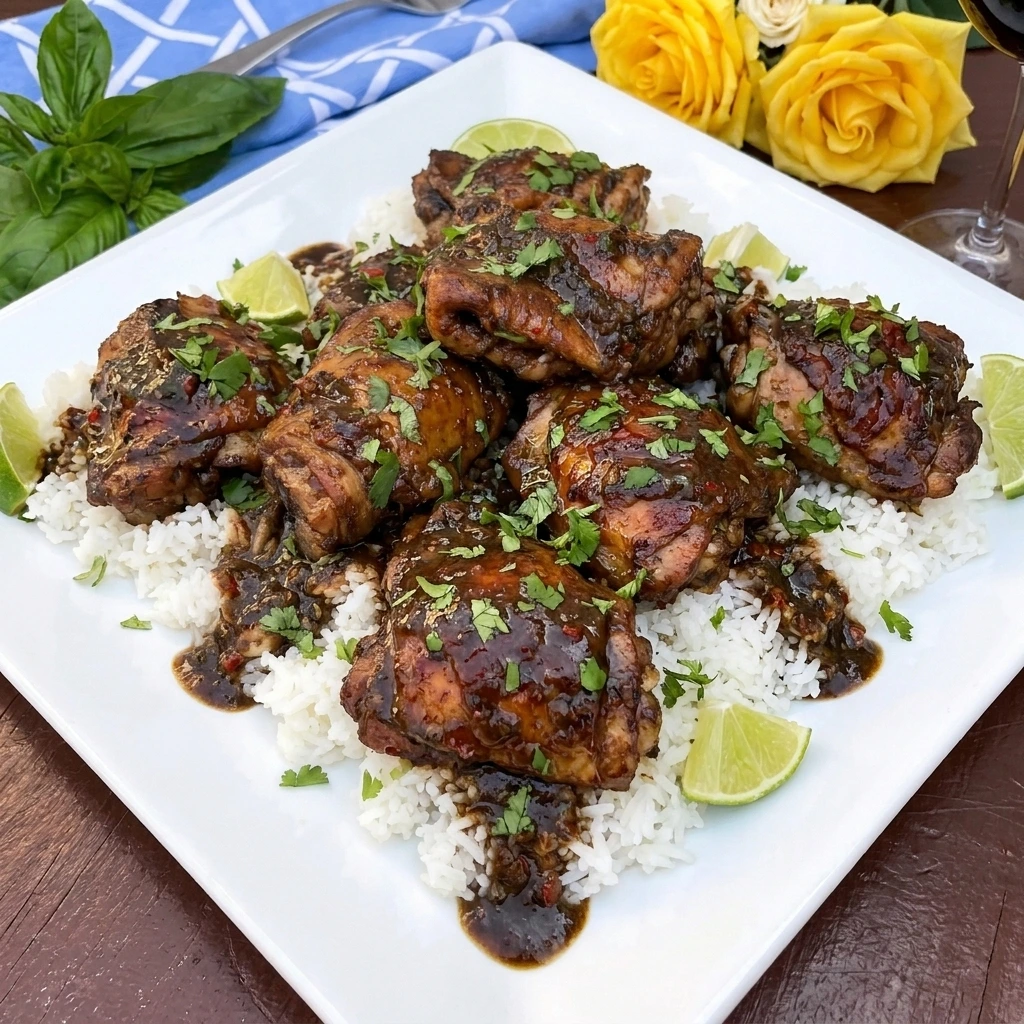 Slow Cooker Jerk Chicken served over white rice with thick jerk sauce and cilantro