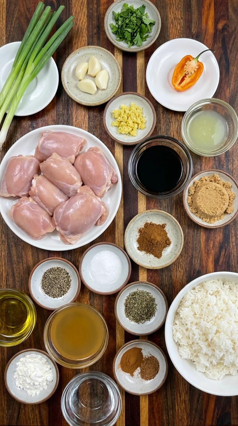 Ingredients for Slow Cooker Jerk Chicken arranged in separate bowls and plates