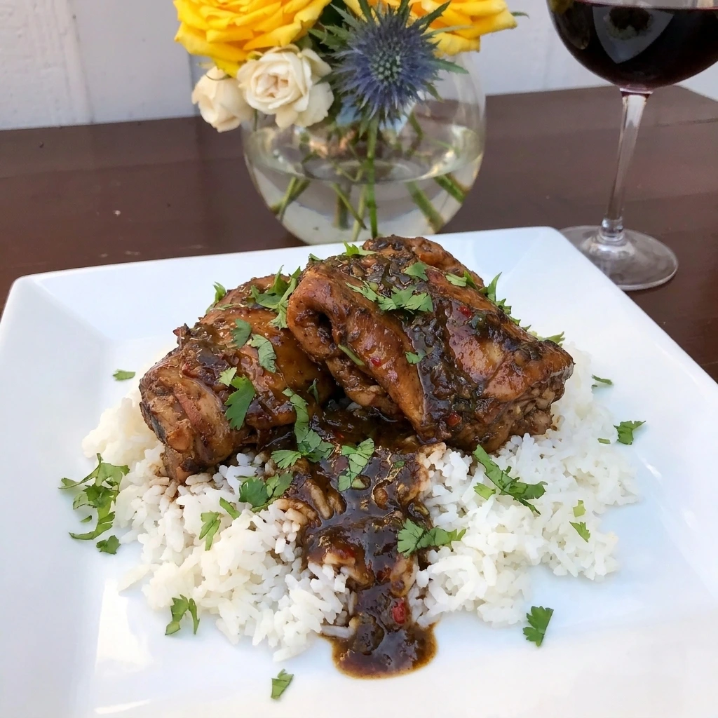 Two jerk chicken thighs served over white rice with sauce