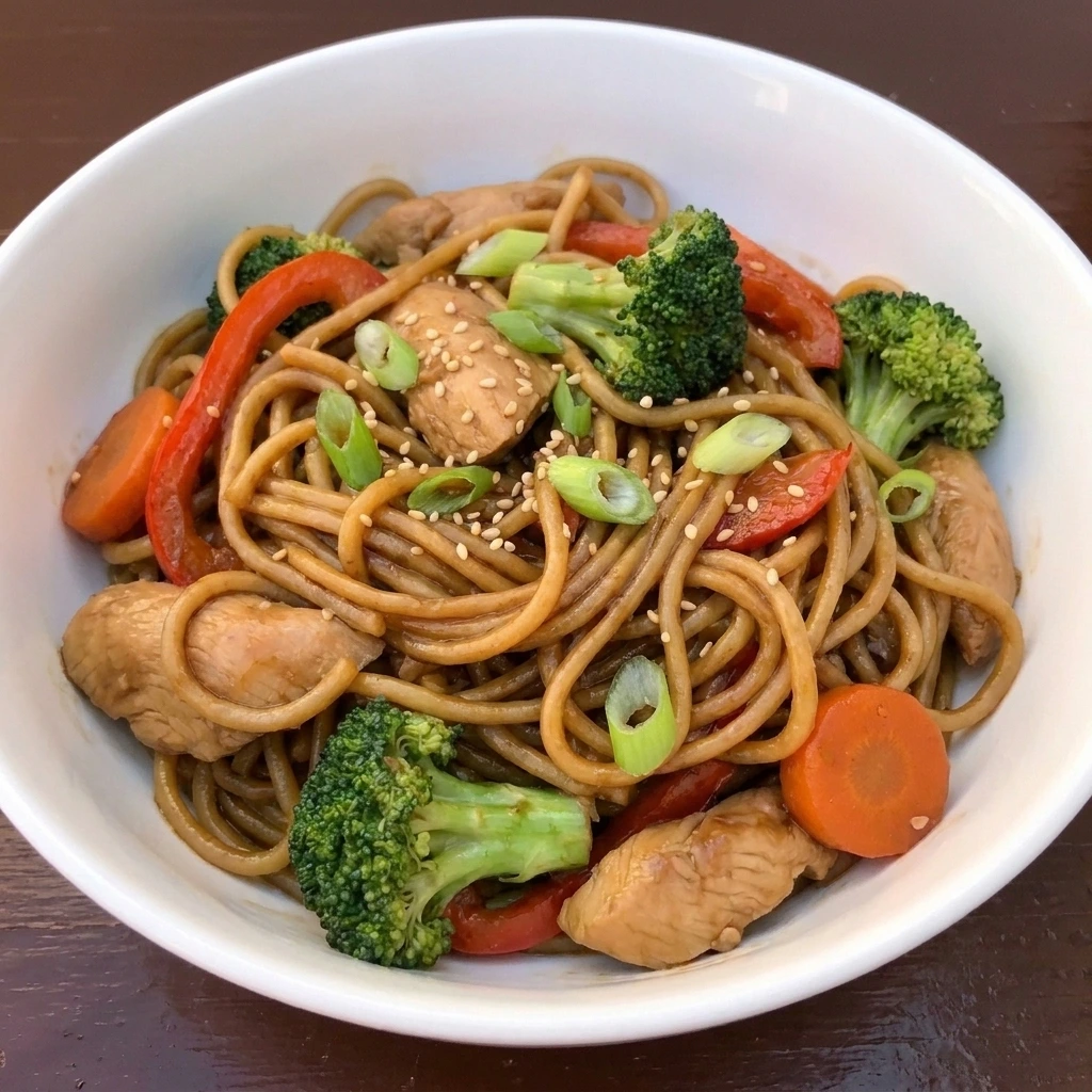 Slow Cooker Lo Mein with chicken and vegetables