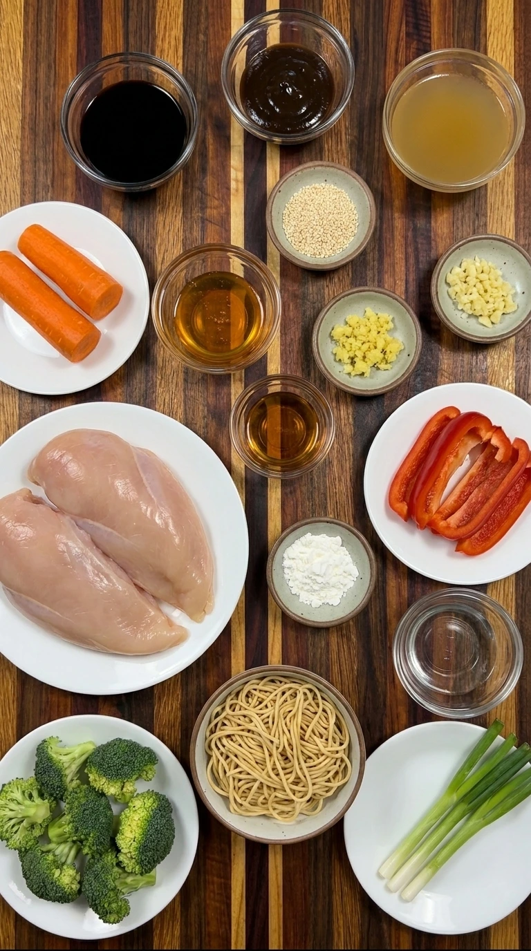 Ingredients for Slow Cooker Lo Mein in separate bowls