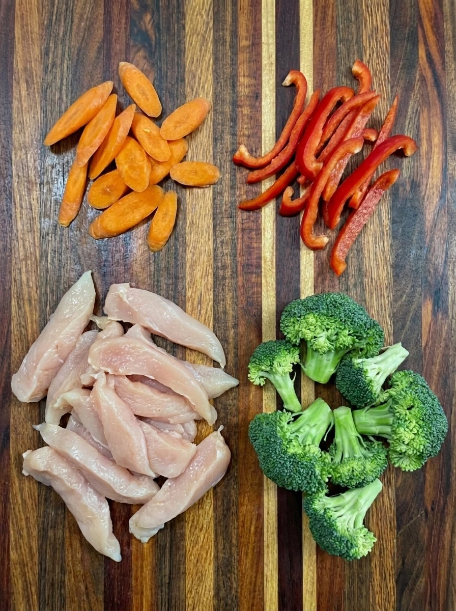 Slice the chicken and vegetables for Slow Cooker Lo Mein