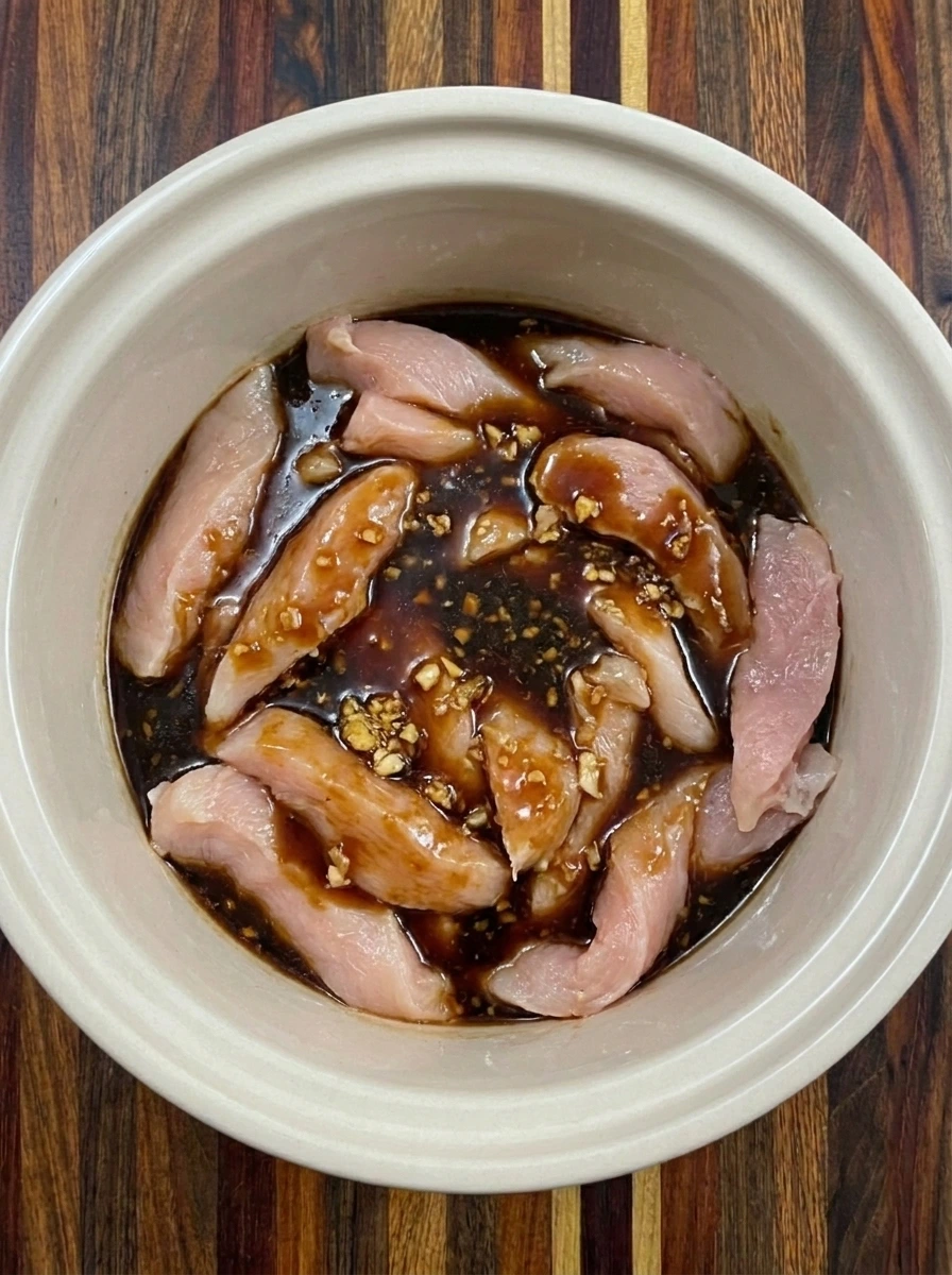 Coat the chicken with the savory sauce for Slow Cooker Lo Mein