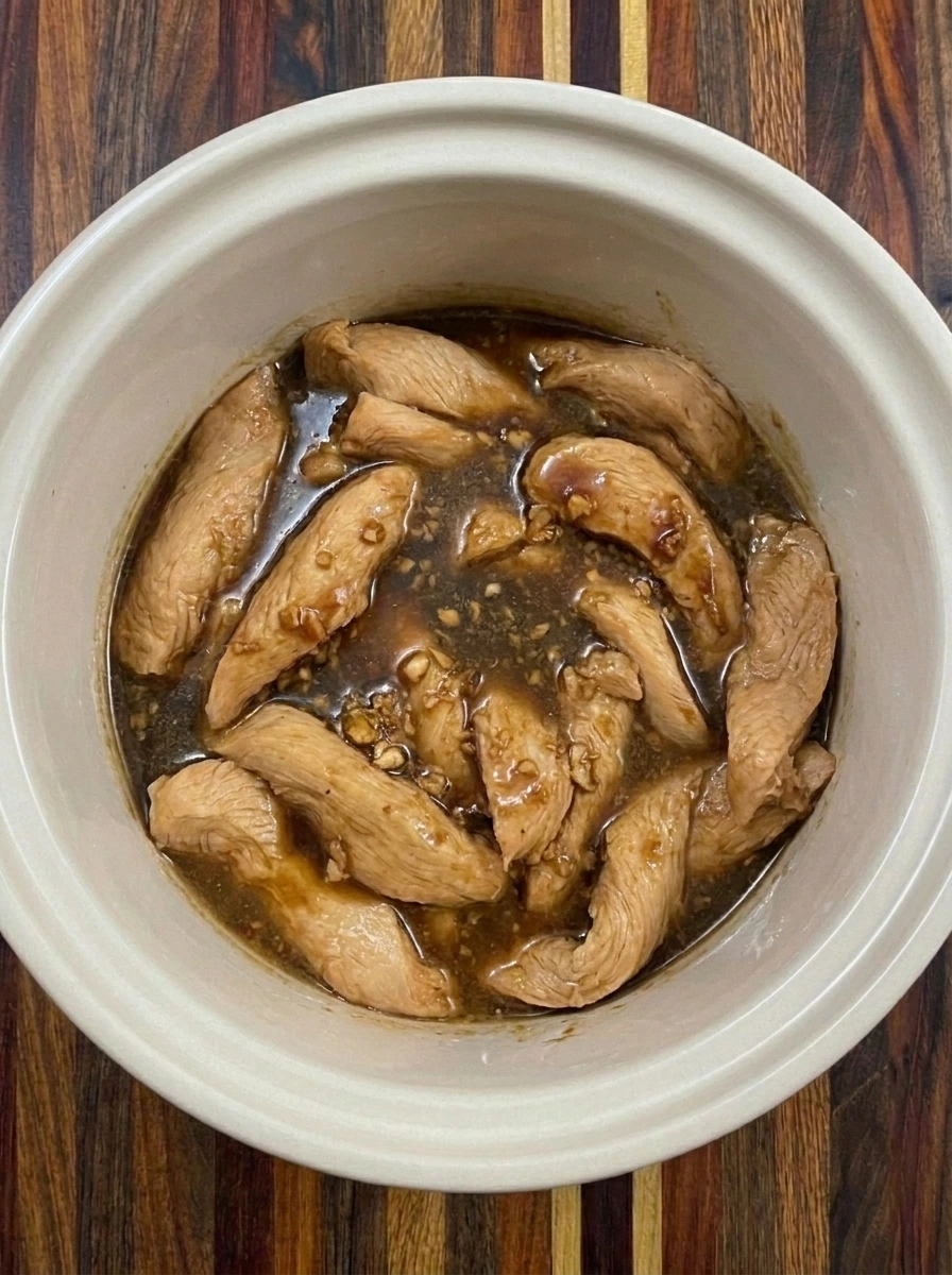 Slow cook the chicken until tender for Slow Cooker Lo Mein
