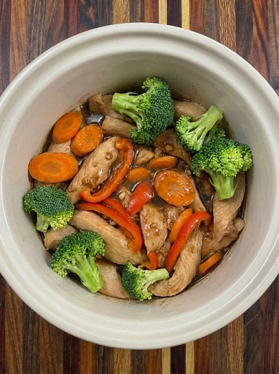 Soften the vegetables in the sauce for Slow Cooker Lo Mein
