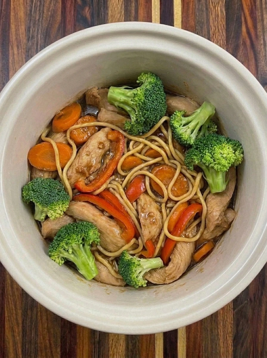 Thicken the sauce and fold in noodles for Slow Cooker Lo Mein