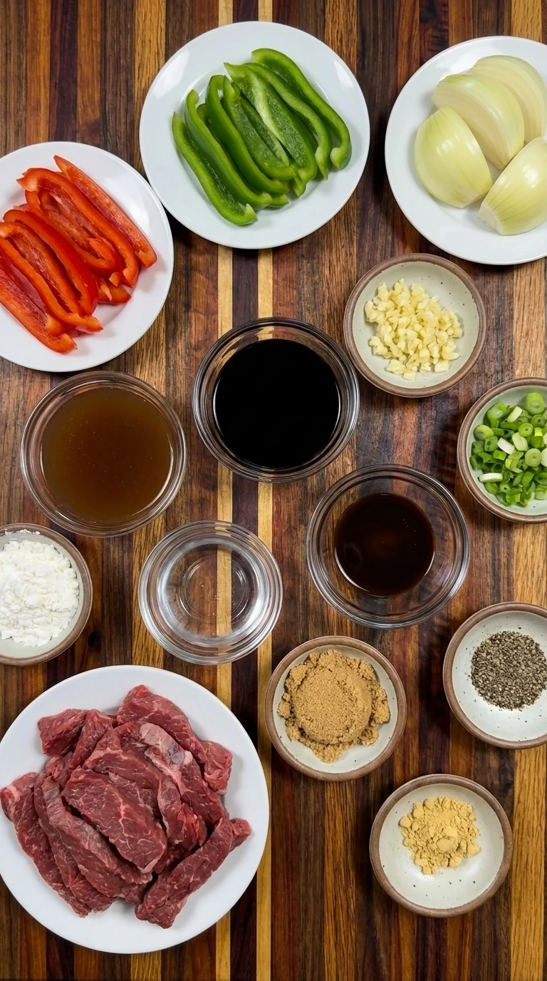 Ingredients for Slow Cooker Pepper Steak arranged in separate bowls