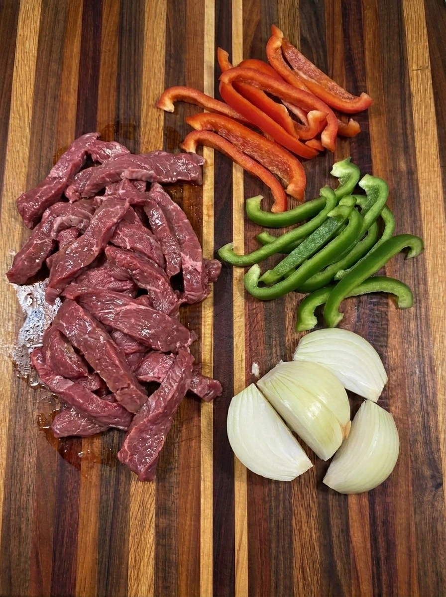Sliced beef and peppers for Slow Cooker Pepper Steak