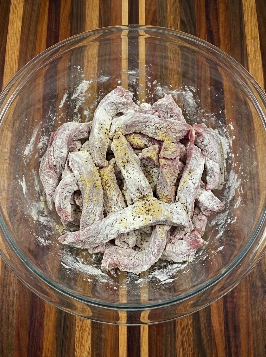 Beef strips coated for Slow Cooker Pepper Steak