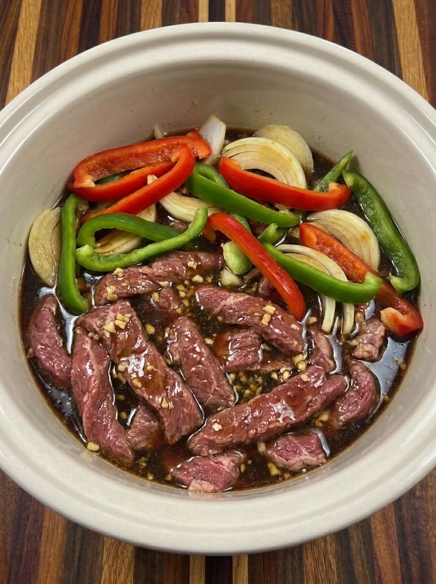 Beef peppers and sauce layered for Slow Cooker Pepper Steak