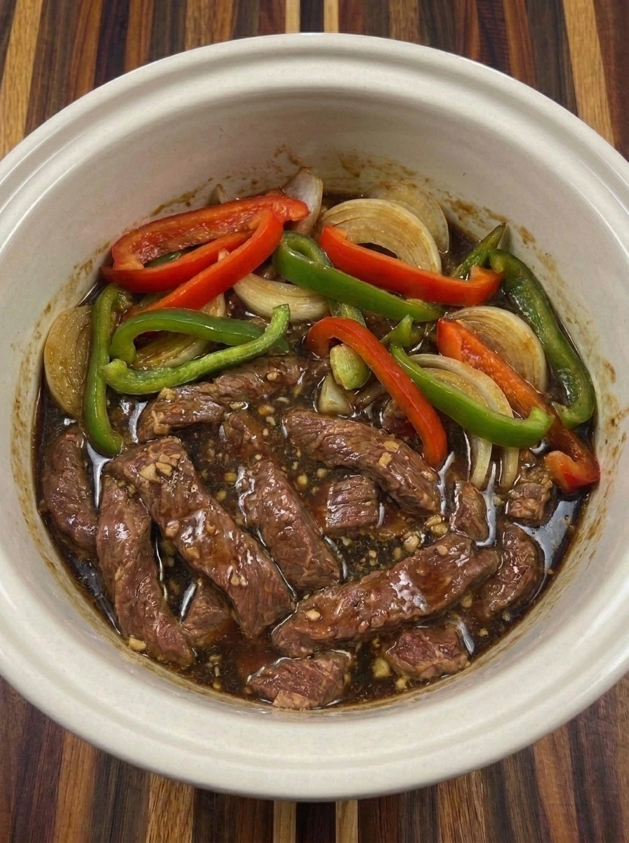 Thick glossy sauce coating Slow Cooker Pepper Steak