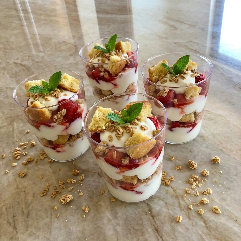 Four homemade Strawberry Shortcake Yogurt Cups with creamy yogurt and fresh berries