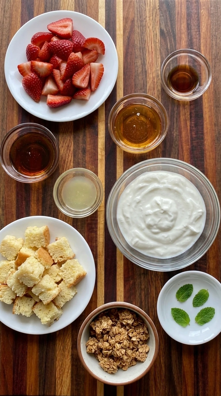 Ingredients for Strawberry Shortcake Yogurt Cups in separate small containers