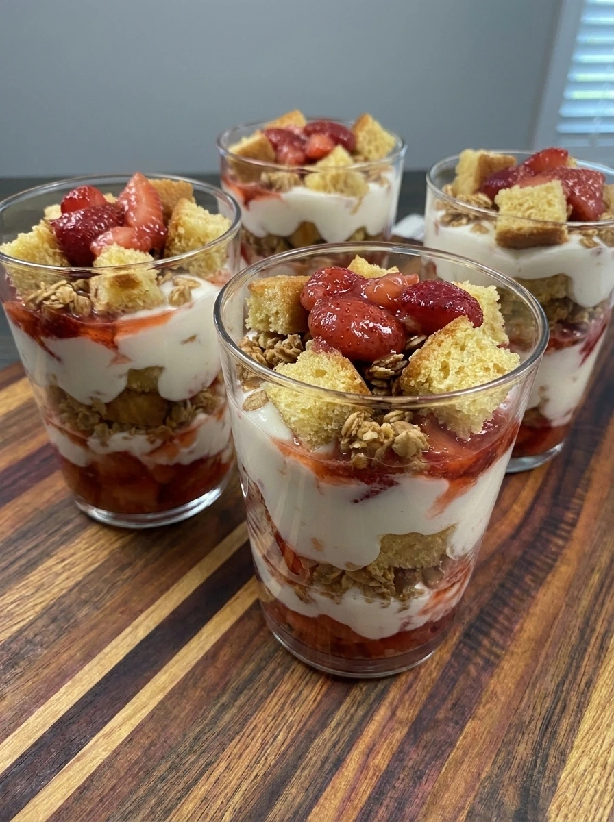 Four Strawberry Shortcake Yogurt Cups being layered in clear cups
