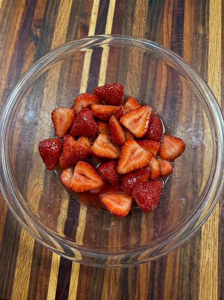 Sliced strawberries mixed with maple syrup for Strawberry Shortcake Yogurt Cups