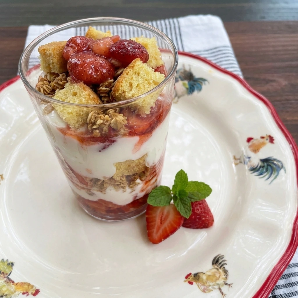 Single serving of Strawberry Shortcake Yogurt Cups on a white plate