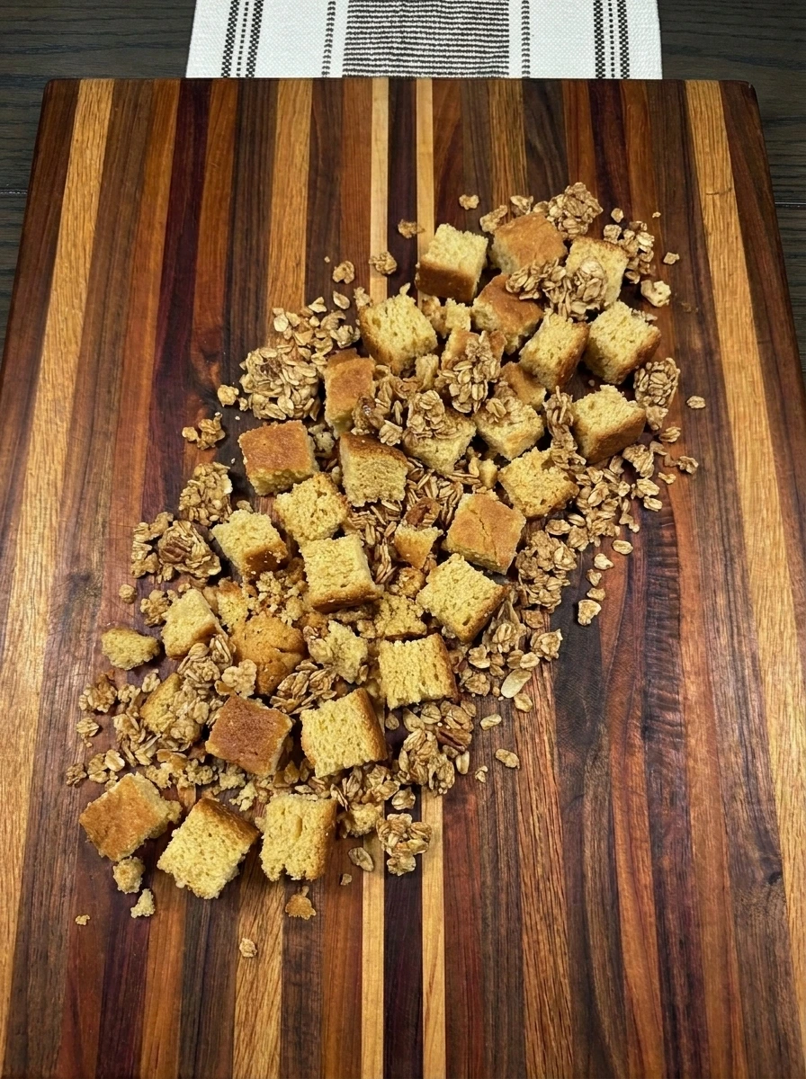 Rustic shortcake pieces and granola for Strawberry Shortcake Yogurt Cups