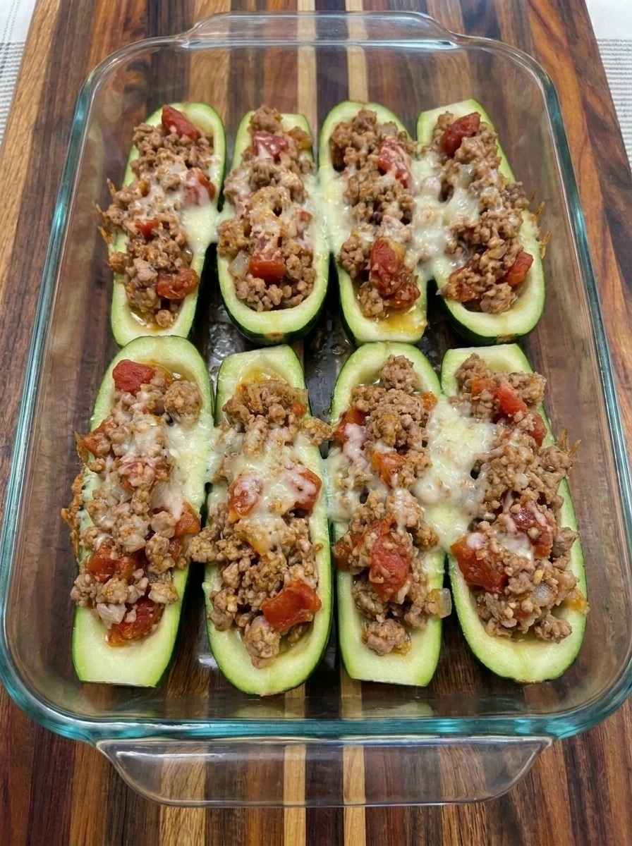 Stuffed Zucchini Boats baked with melted mozzarella and Parmesan