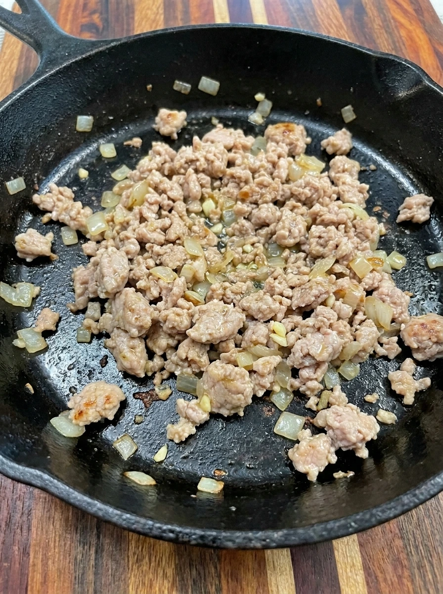 Ground turkey browned with onion and garlic for zucchini boats