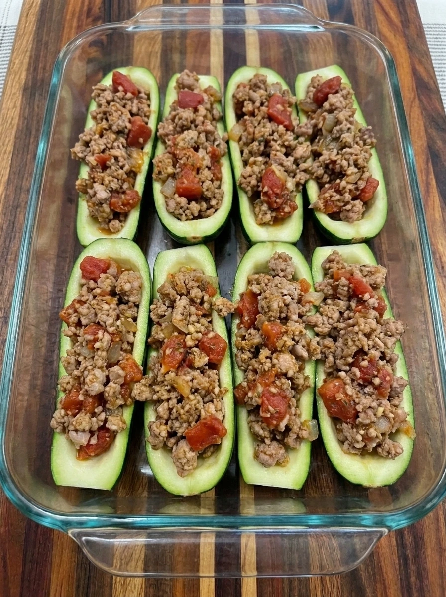 Eight zucchini boats filled with turkey and tomato mixture