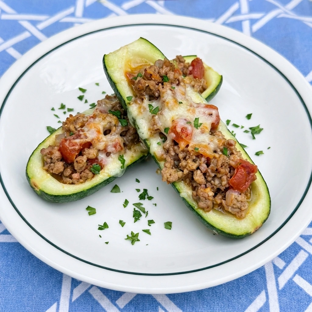 Single serving of two Stuffed Zucchini Boats on a white plate
