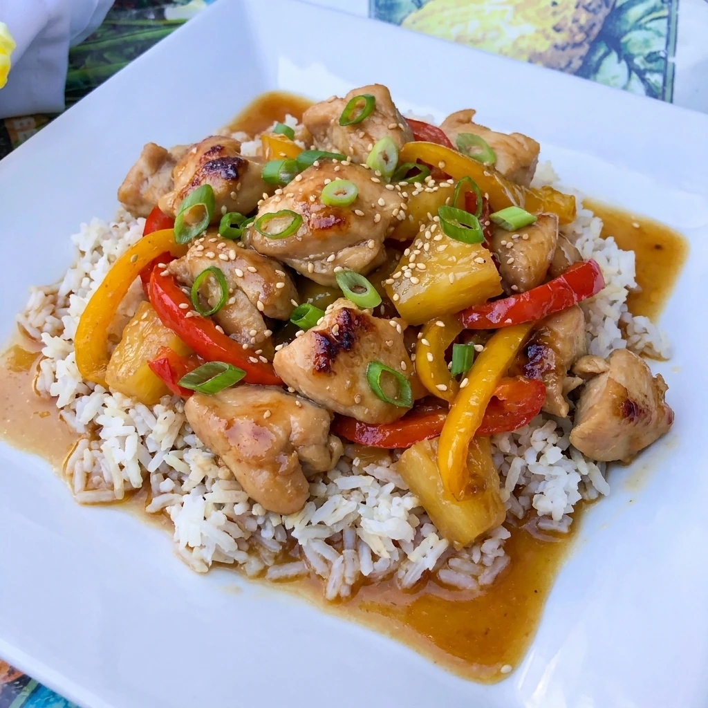 Sweet Hawaiian Crockpot Chicken with pineapple and peppers over rice