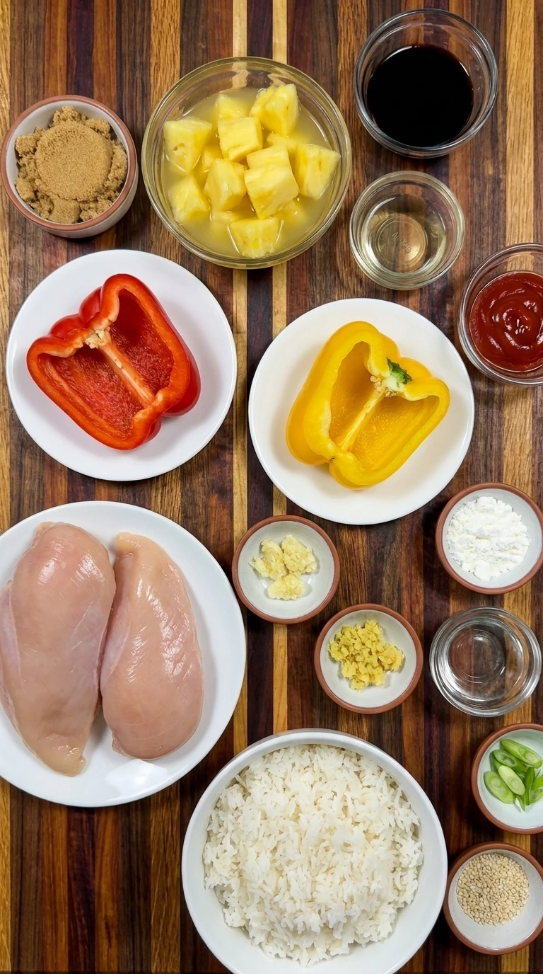 Ingredients for Sweet Hawaiian Crockpot Chicken in separate containers
