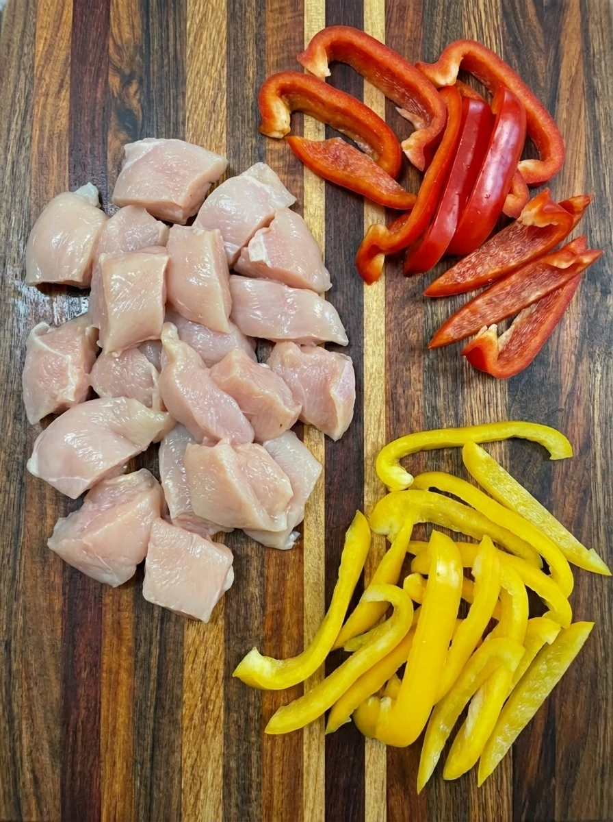 Cut chicken and sliced peppers for Sweet Hawaiian Crockpot Chicken