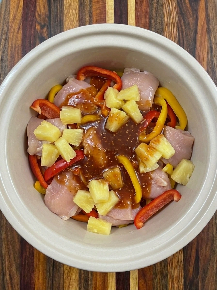 Chicken peppers and pineapple layered in crockpot