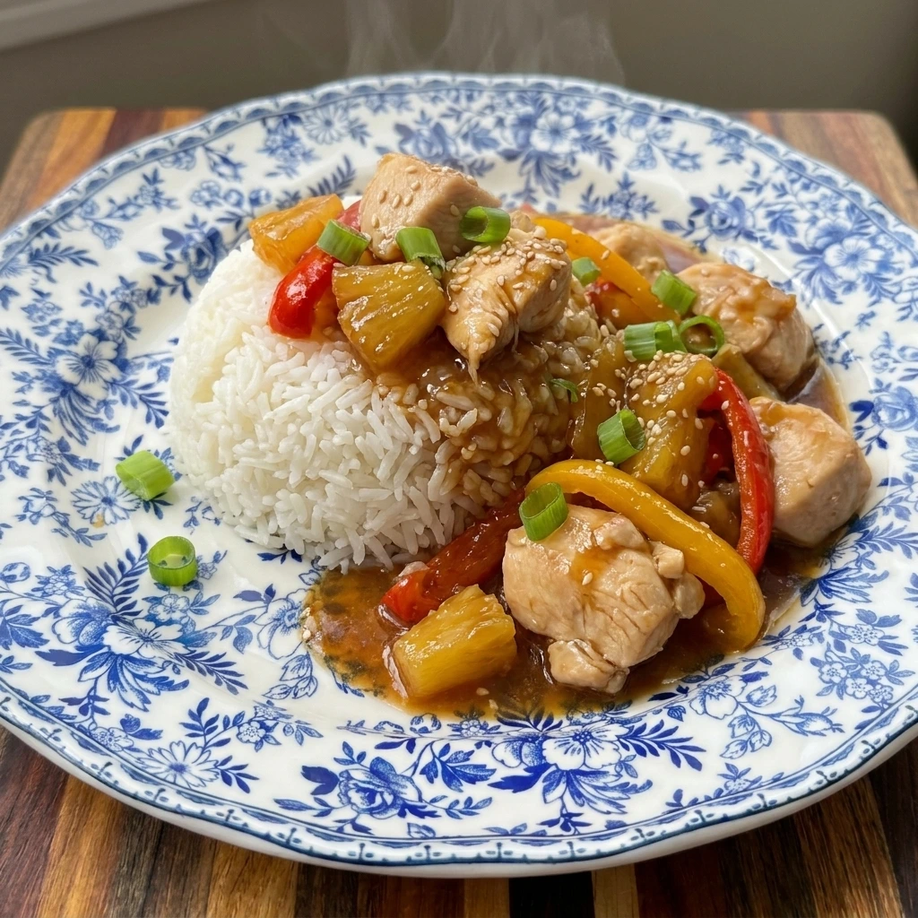 Single serving of Sweet Hawaiian Crockpot Chicken over rice