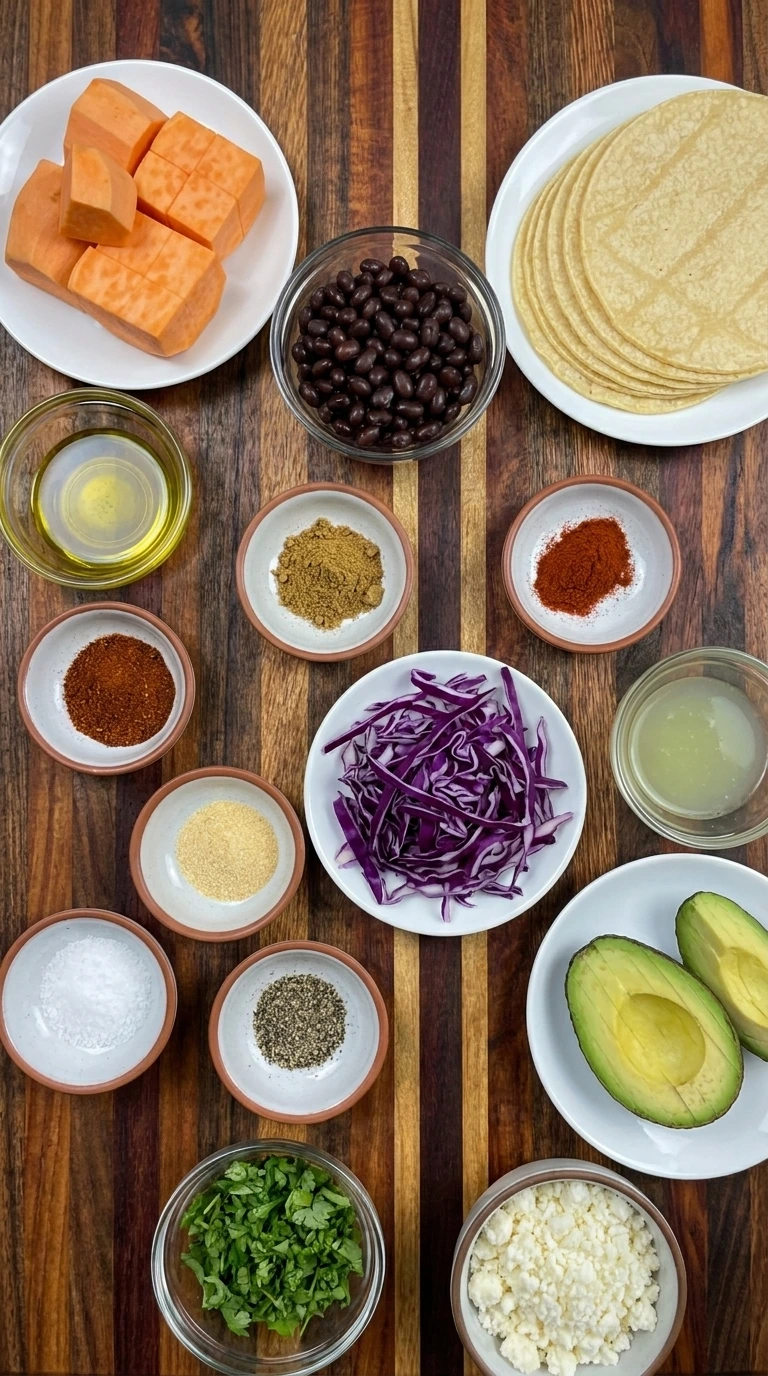 Ingredients for Sweet Potato Black Bean Tacos in separate bowls