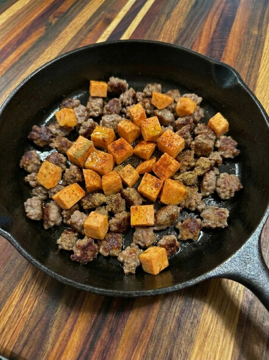 Sweet potatoes and sausage coated with spices in skillet