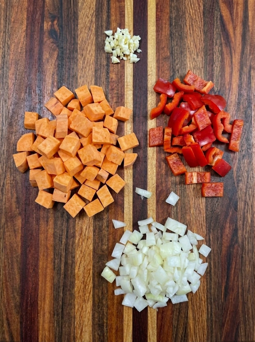 Diced sweet potatoes peppers onion and garlic for Sweet Potato Breakfast Hash