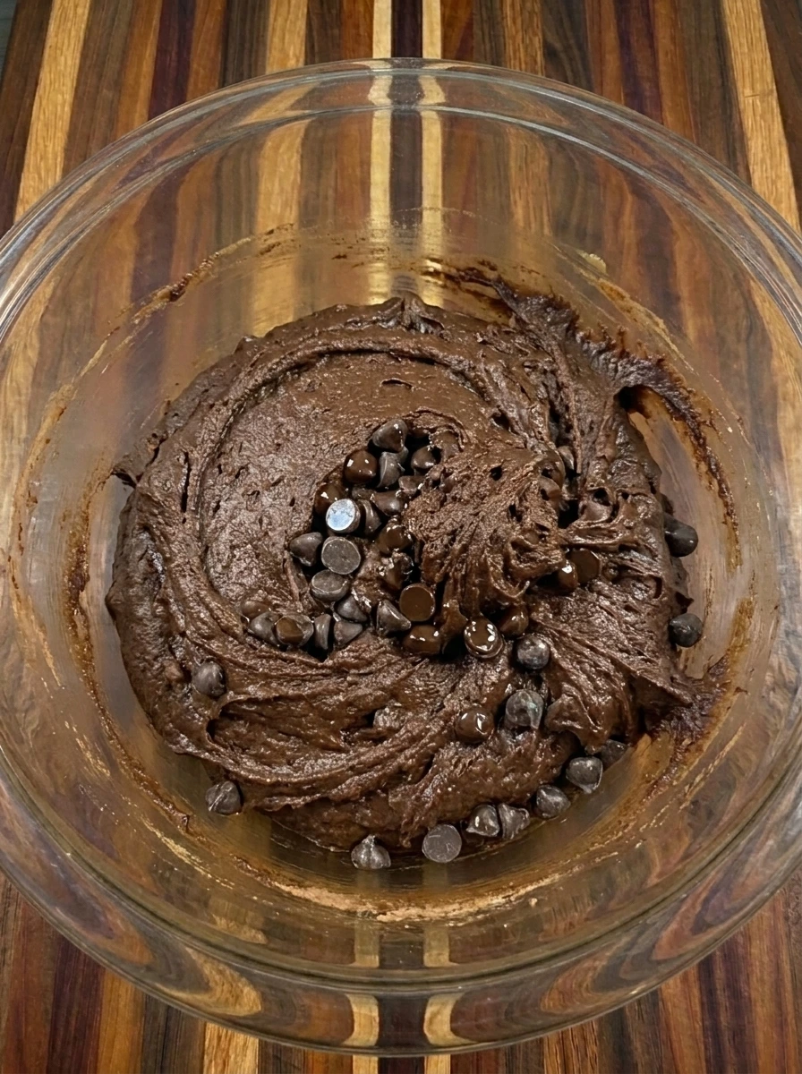 Thick chocolate Sweet Potato Brownies batter with chips